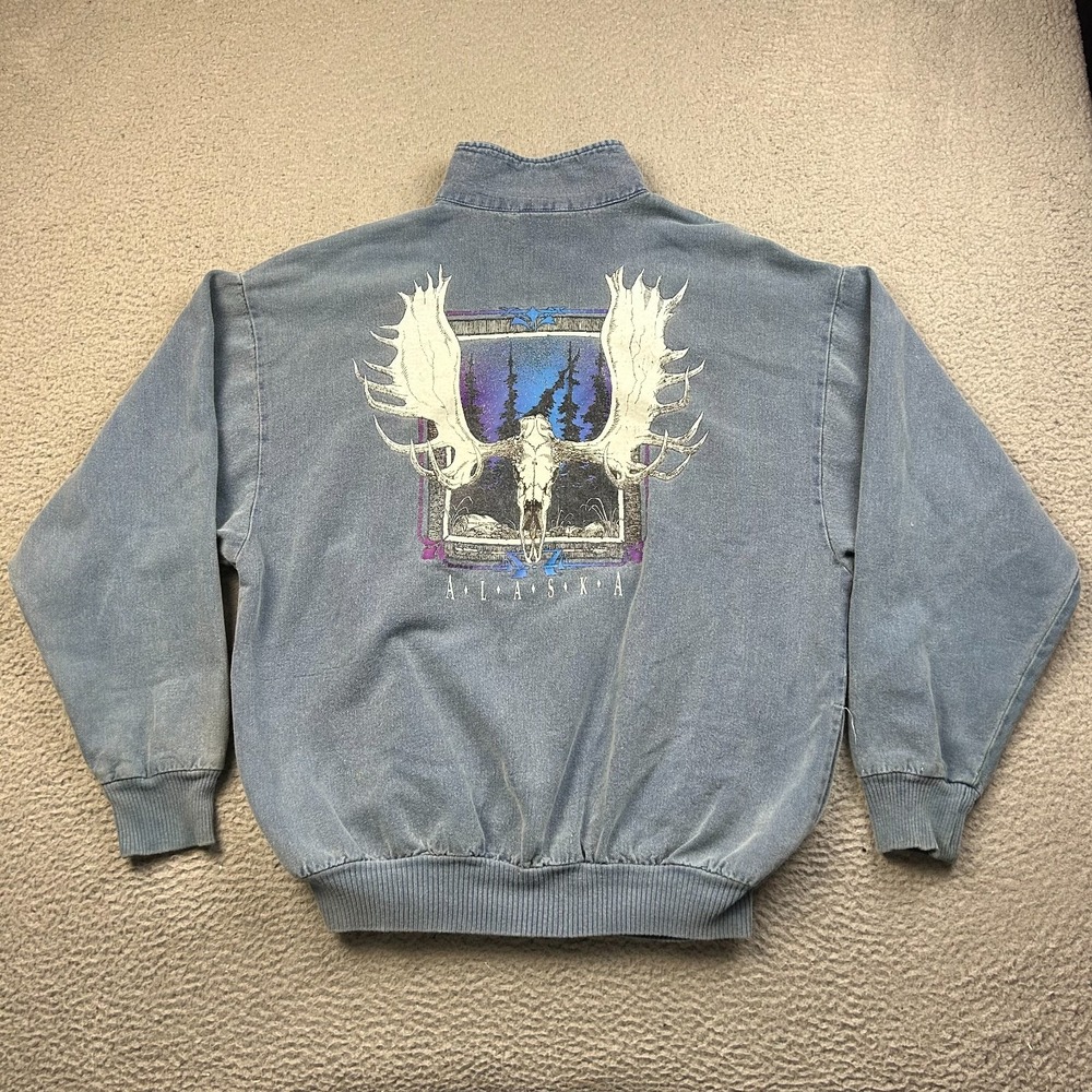 VTG 90s Wek The World Sweatshirt Mens Blue Alaska Moose Skull Pullover 2 L/XL